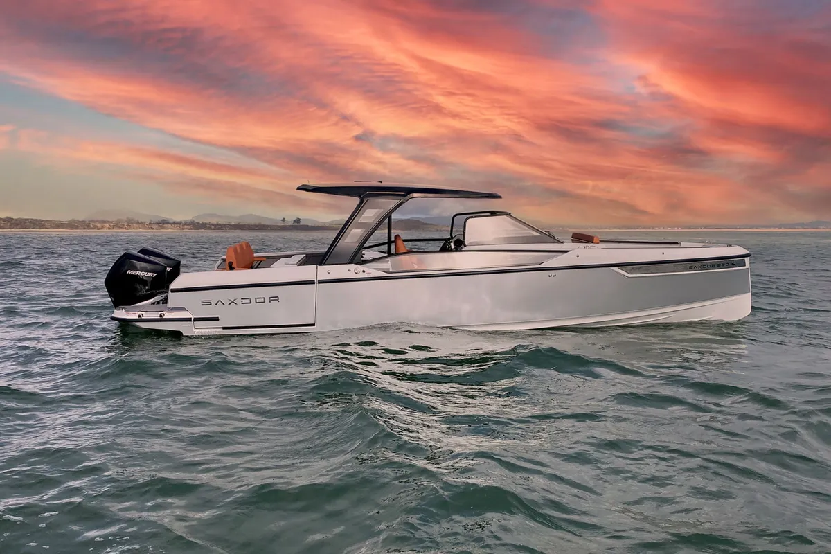 Exterior view of Poseidon, a Saxdor 320 GTO motorboat at Alyki, Greece