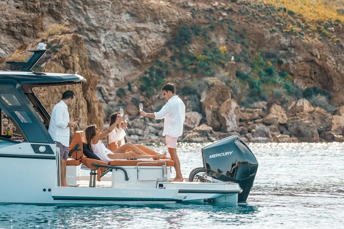 Exterior view of Poseidon, a Saxdor 320 GTO motorboat at Alyki, Greece