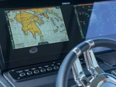 Cockpit of Poseidon, a Saxdor 320 GTO motorboat at Alyki, Greece