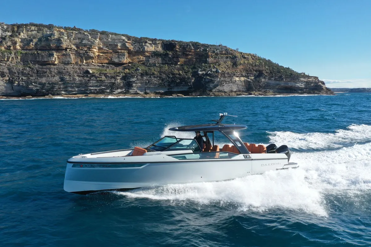 Exterior view of Poseidon, a Saxdor 320 GTO motorboat at Alyki, Greece