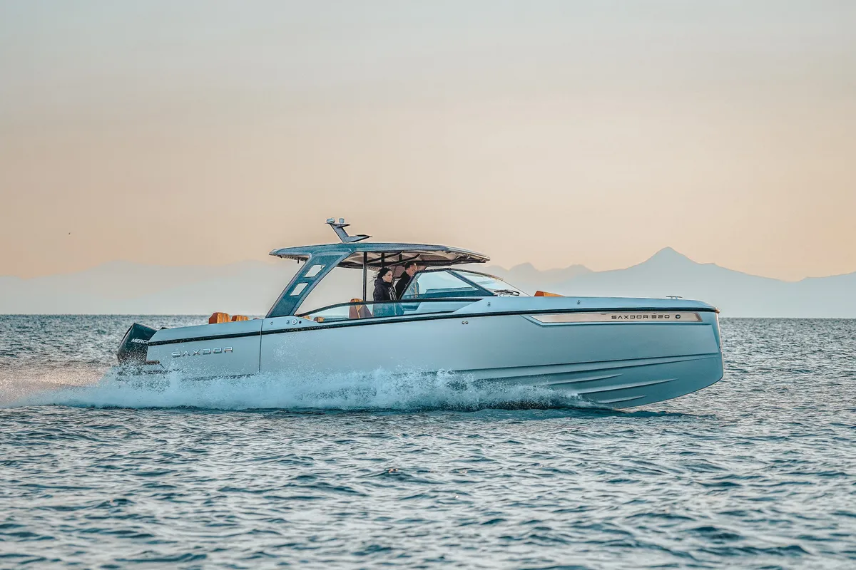 Exterior view of Poseidon, a Saxdor 320 GTO motorboat at Alyki, Greece