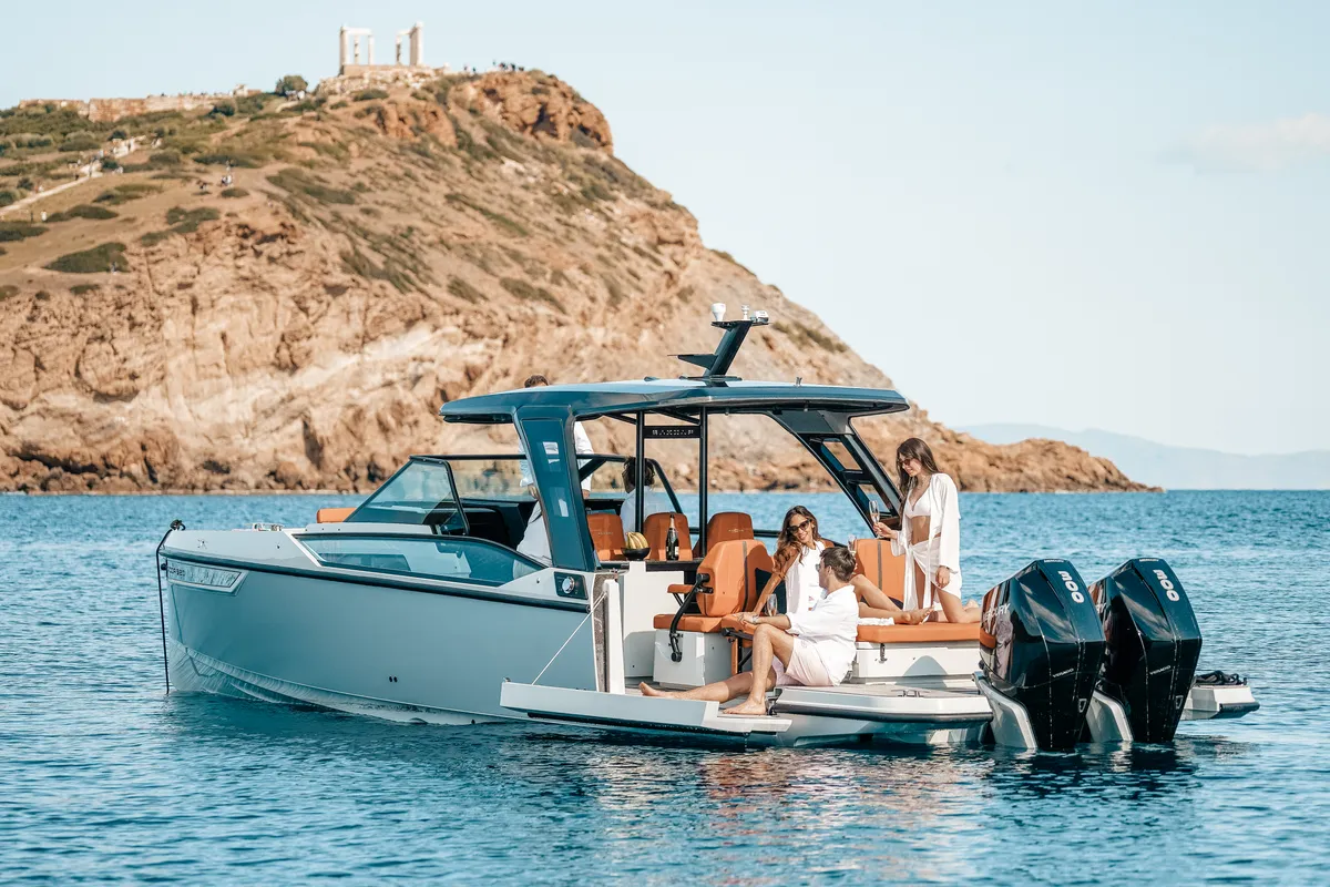 Exterior view of Poseidon, a Saxdor 320 GTO motorboat at Alyki, Greece