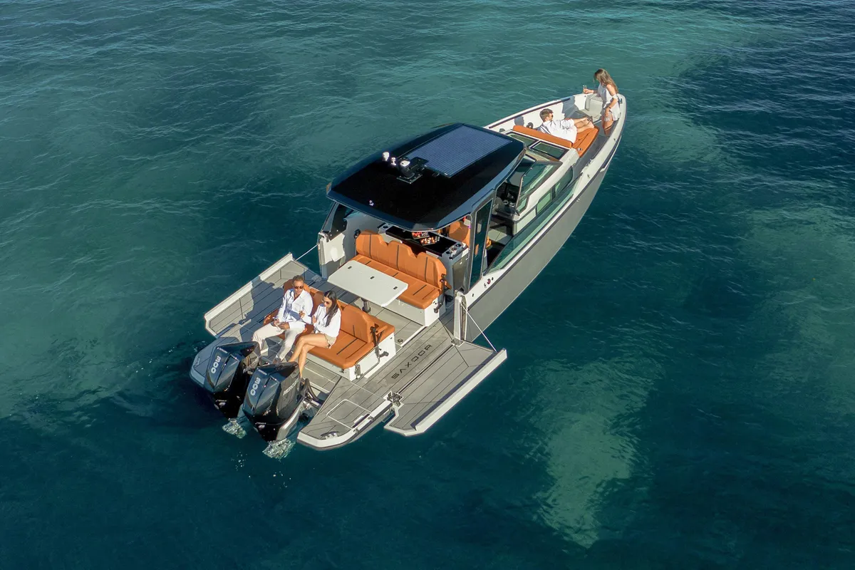 Exterior view of Poseidon, a Saxdor 320 GTO motorboat at Alyki, Greece