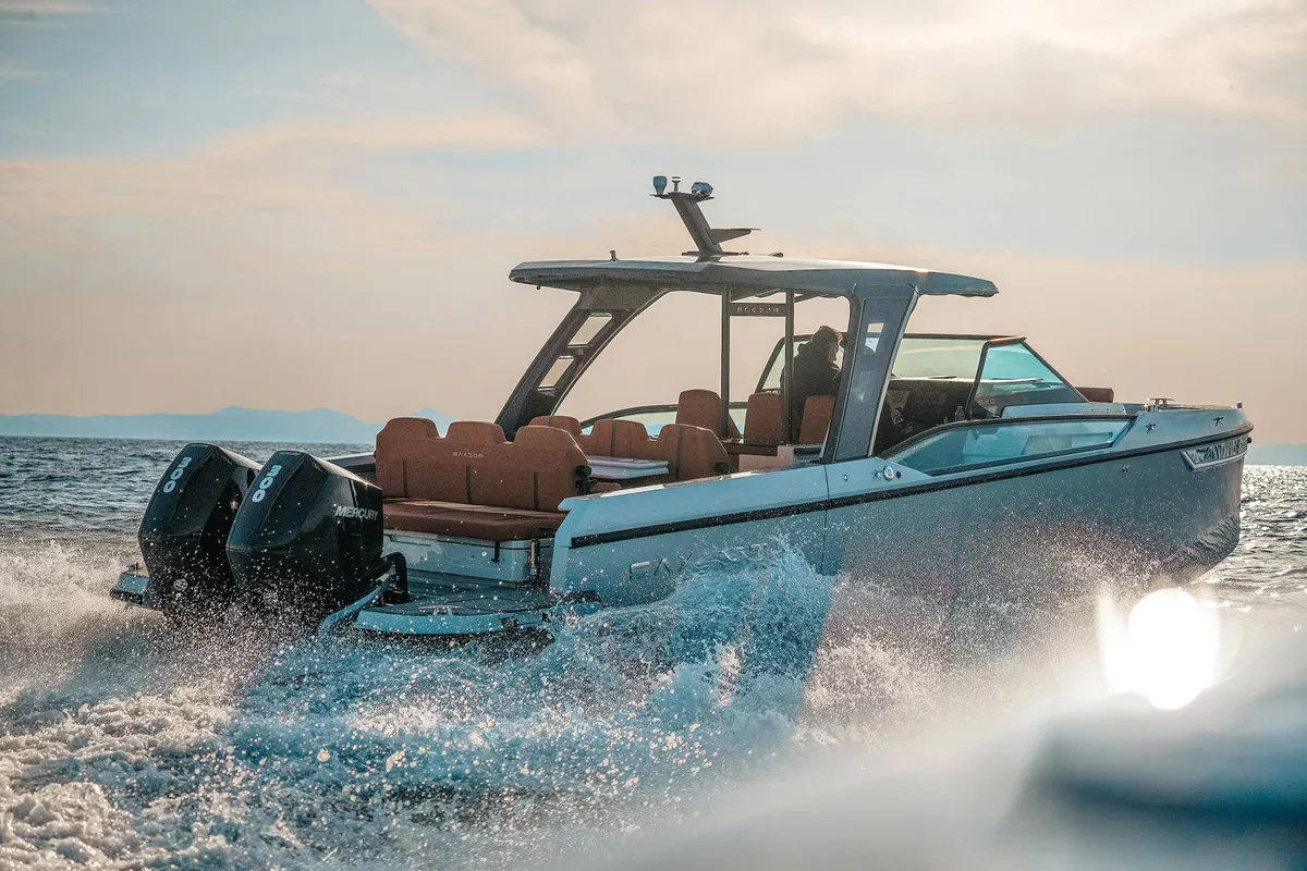 Exterior view of Poseidon, a Saxdor 320 GTO motorboat at Alyki, Greece