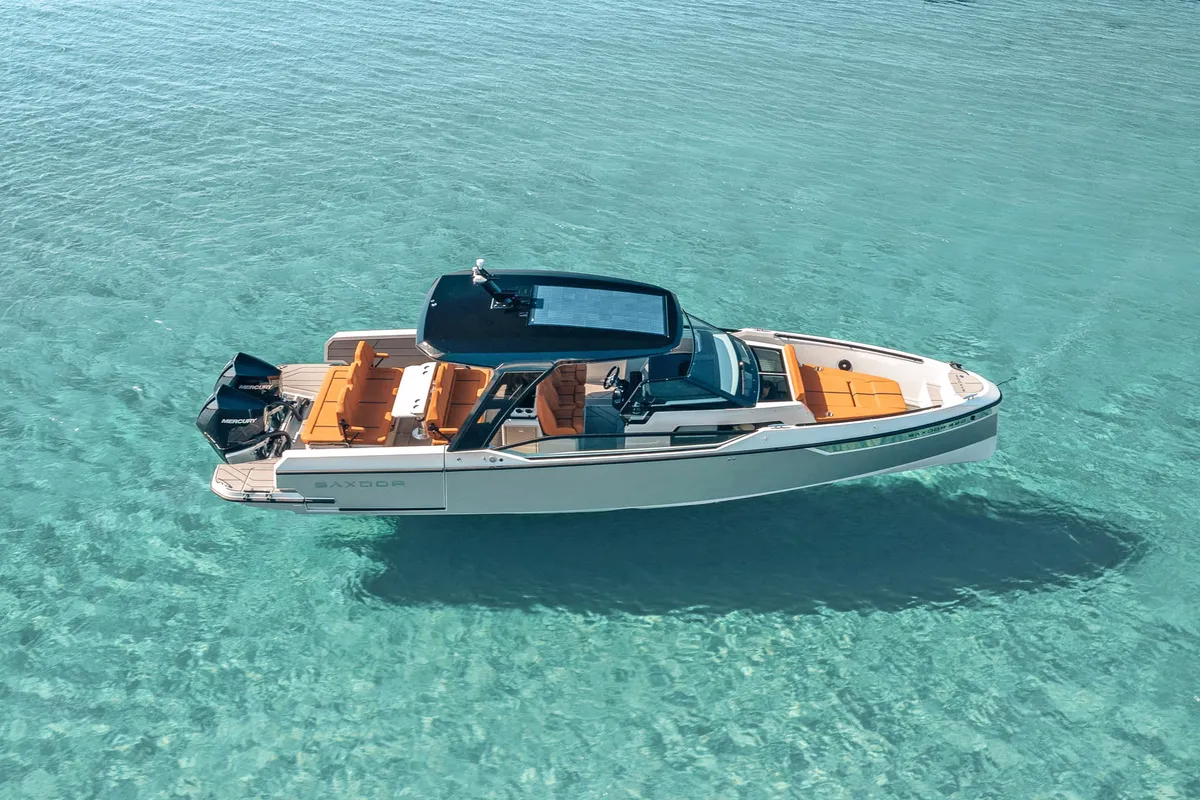 Exterior view of Poseidon, a Saxdor 320 GTO motorboat at Alyki, Greece