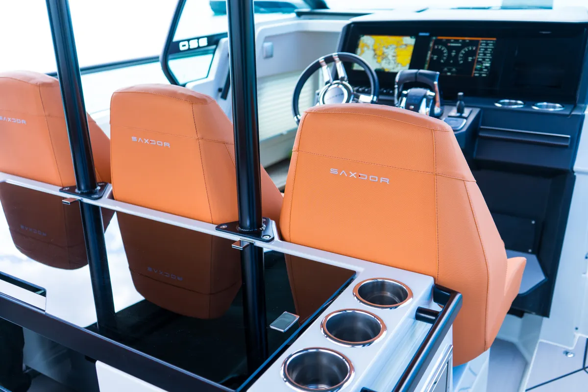 Cockpit of Poseidon, a Saxdor 320 GTO motorboat at Alyki, Greece