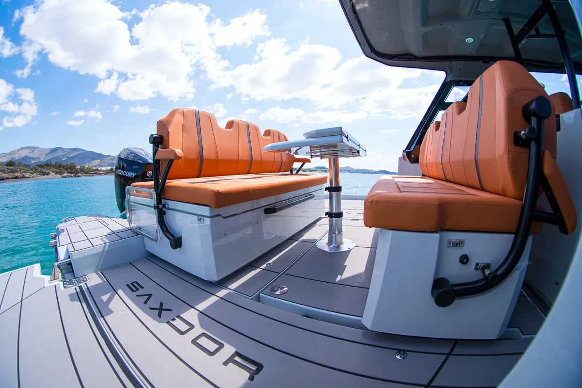 Deck of Poseidon, a Saxdor 320 GTO motorboat at Alyki, Greece