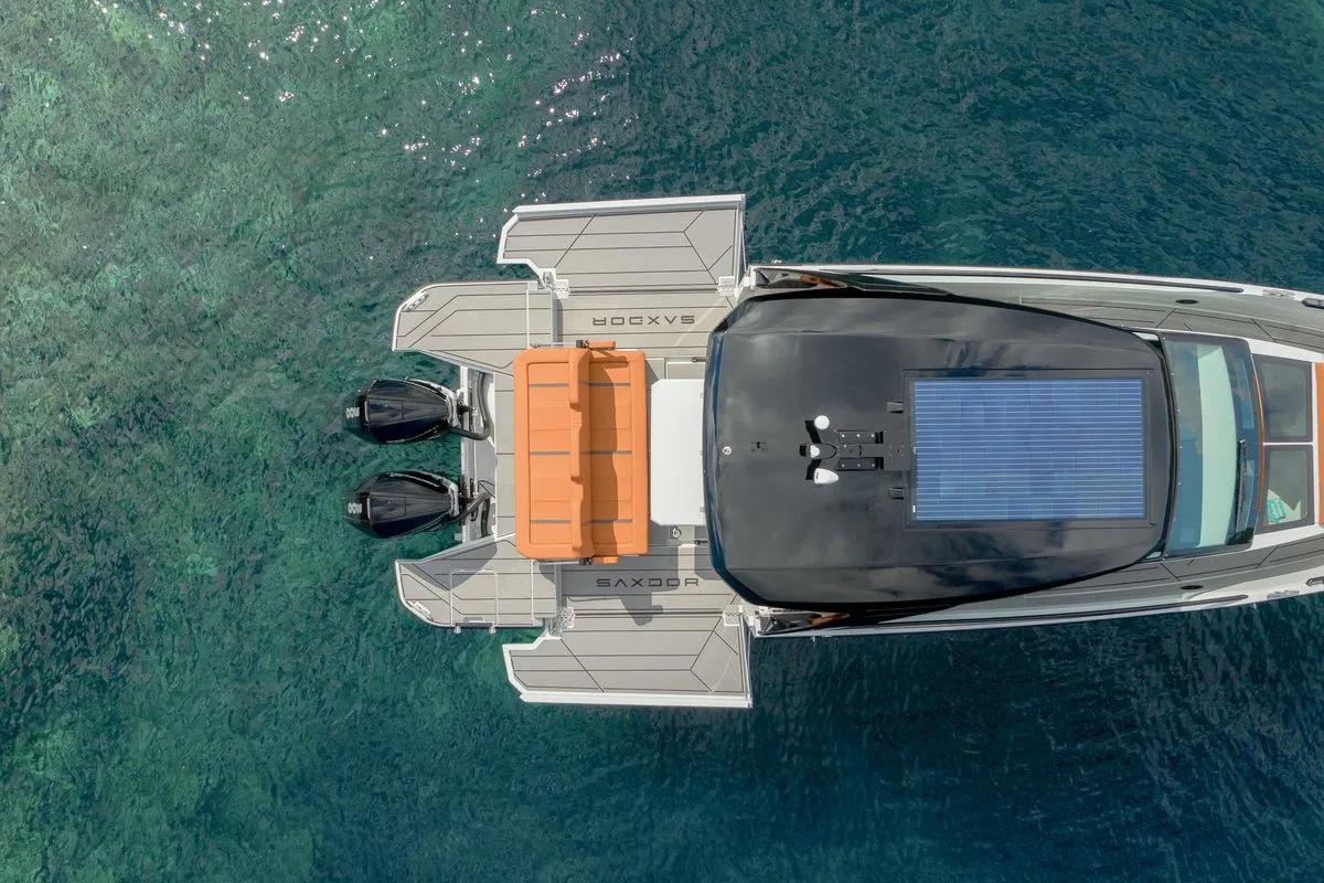 Exterior view of Poseidon, a Saxdor 320 GTO motorboat at Alyki, Greece