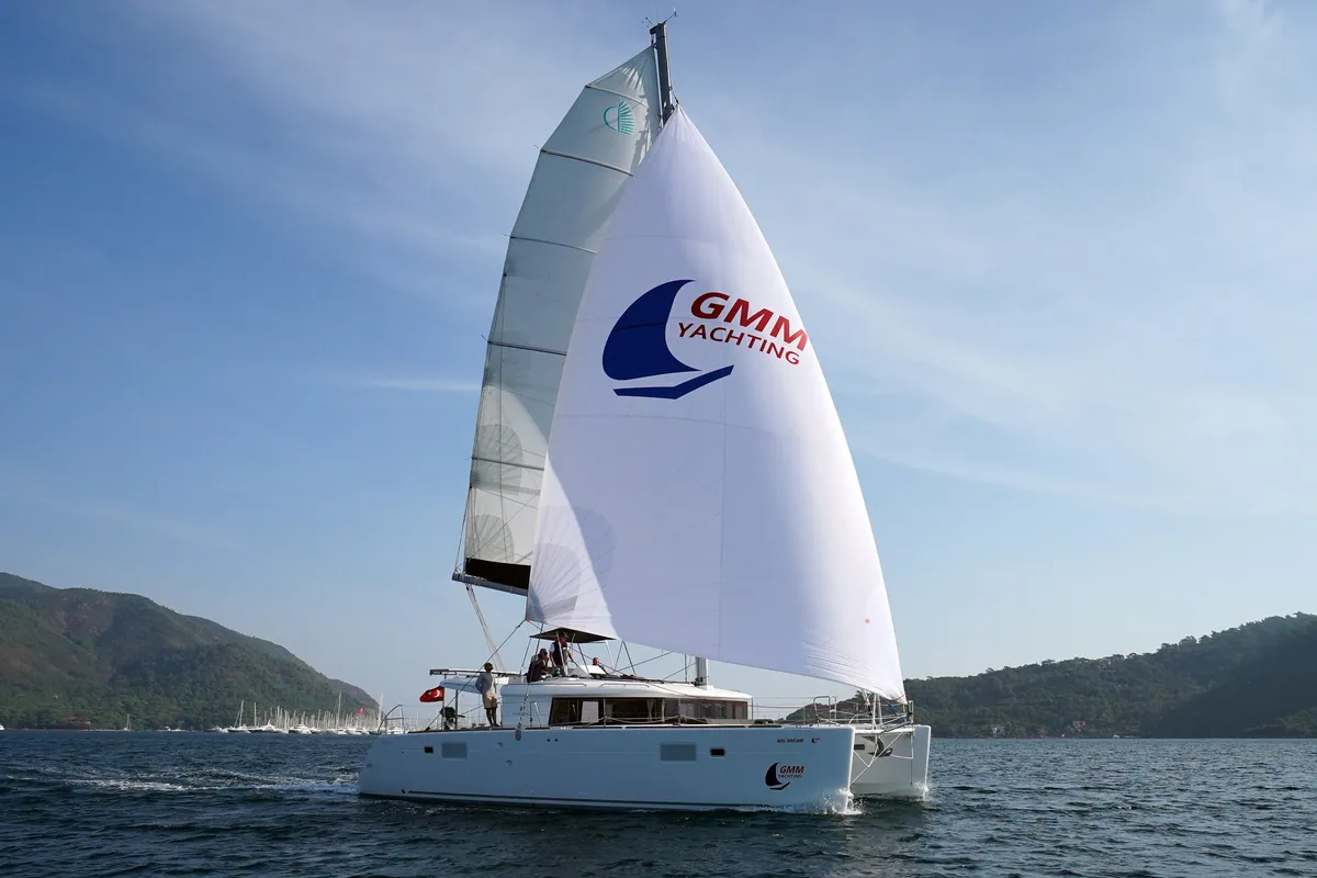 Exterior view of Big Dream, a Lagoon 450 Fly catamaran at Marmaris, Turkey
