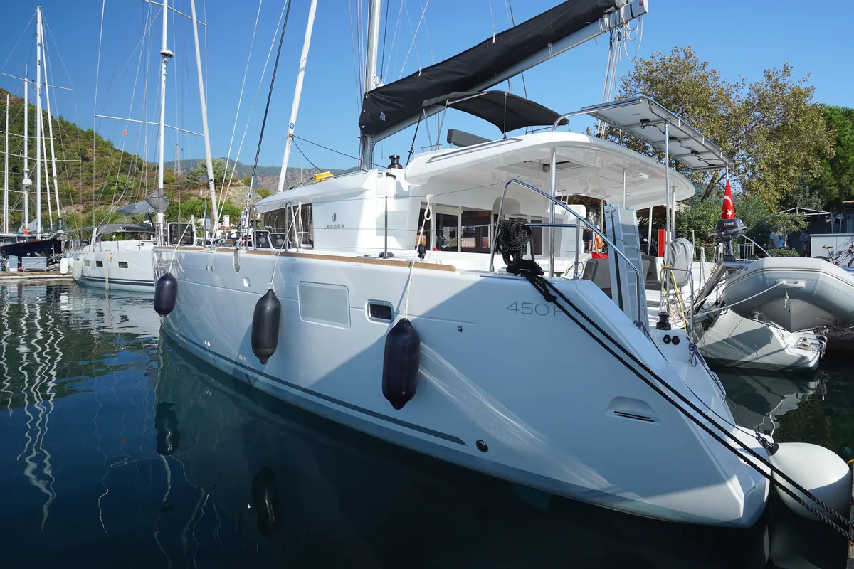 Exterior view of Big Dream, a Lagoon 450 Fly catamaran at Marmaris, Turkey