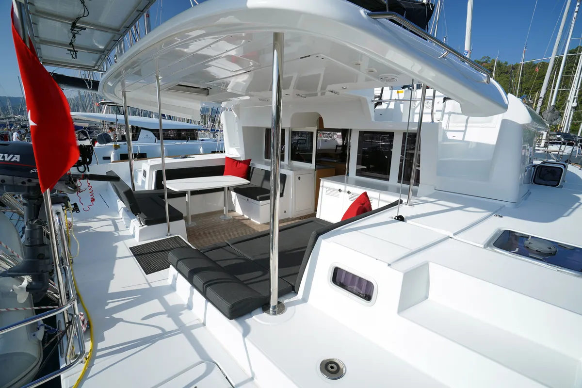 Salon of Big Dream, a Lagoon 450 Fly catamaran at Marmaris, Turkey