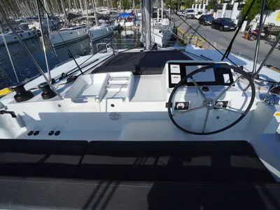 Cockpit of Big Dream, a Lagoon 450 Fly catamaran at Marmaris, Turkey
