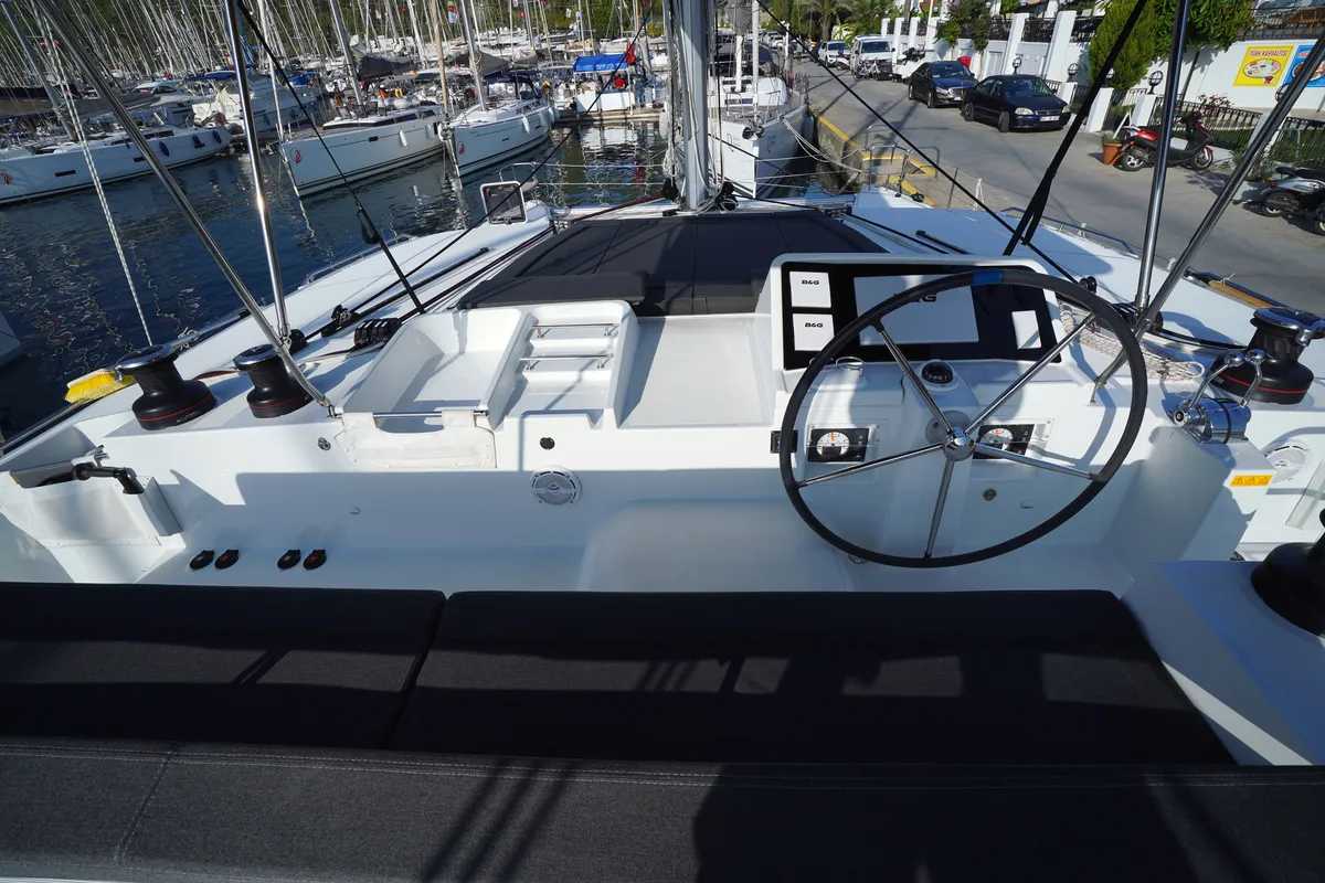 Cockpit of Big Dream, a Lagoon 450 Fly catamaran at Marmaris, Turkey