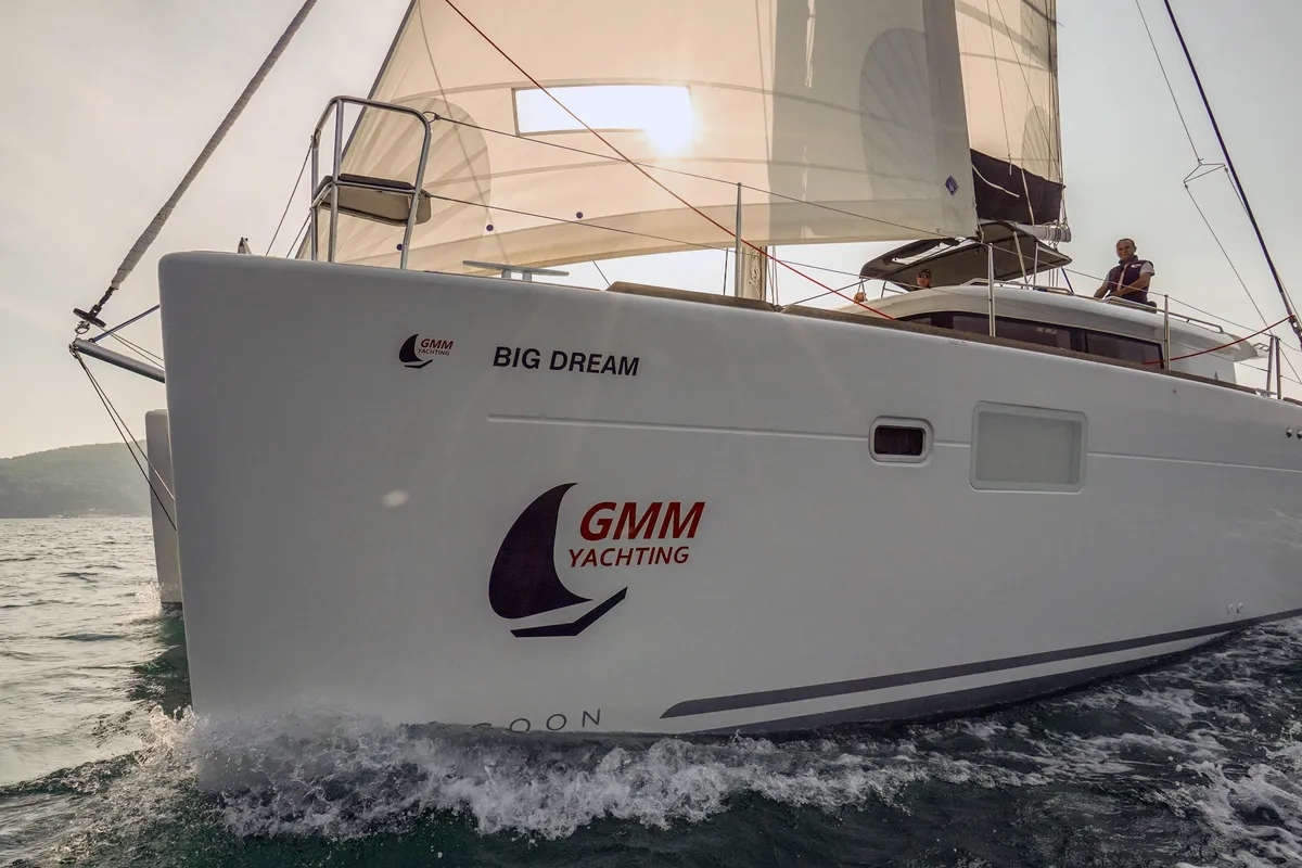 Exterior view of Big Dream, a Lagoon 450 Fly catamaran at Marmaris, Turkey