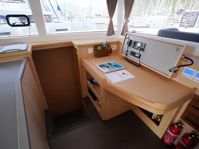 Salon of Big Dream, a Lagoon 450 Fly catamaran at Marmaris, Turkey
