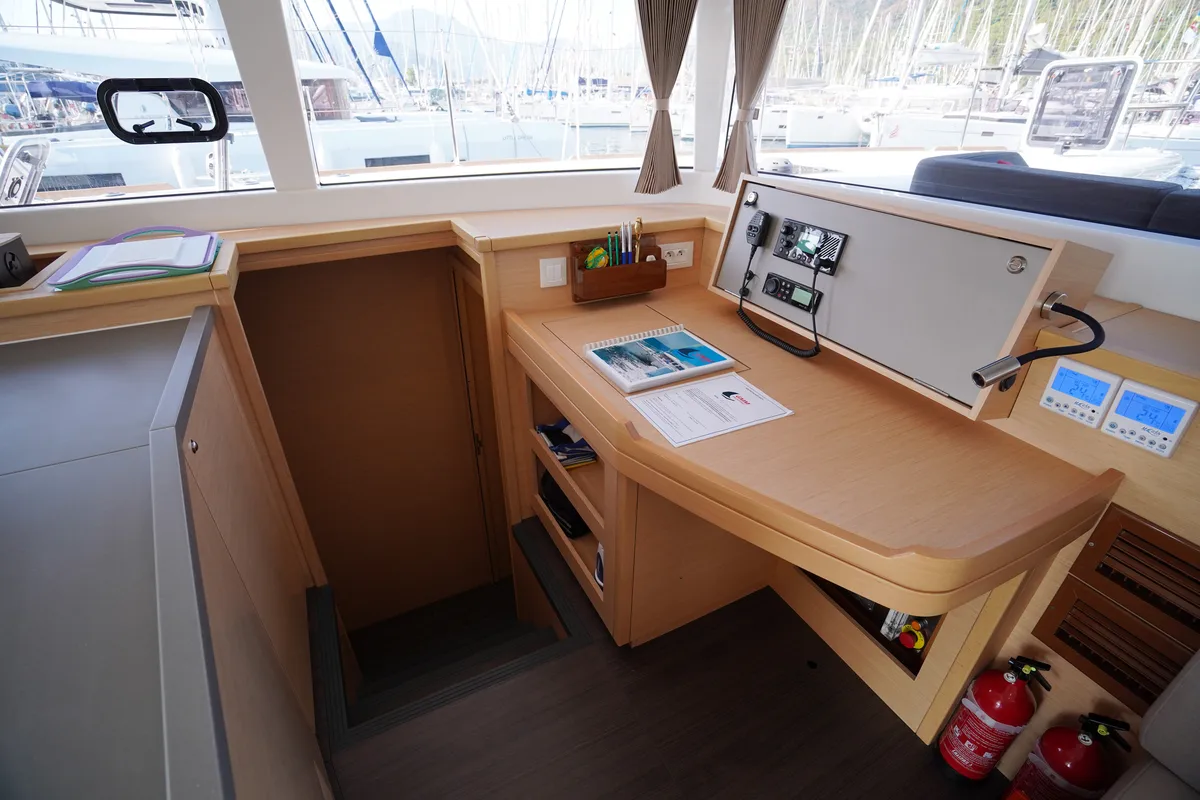Salon of Big Dream, a Lagoon 450 Fly catamaran at Marmaris, Turkey