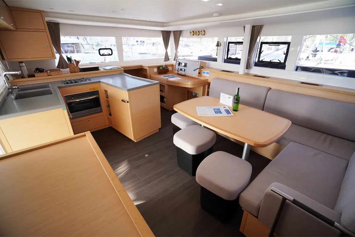 Salon of Big Dream, a Lagoon 450 Fly catamaran at Marmaris, Turkey