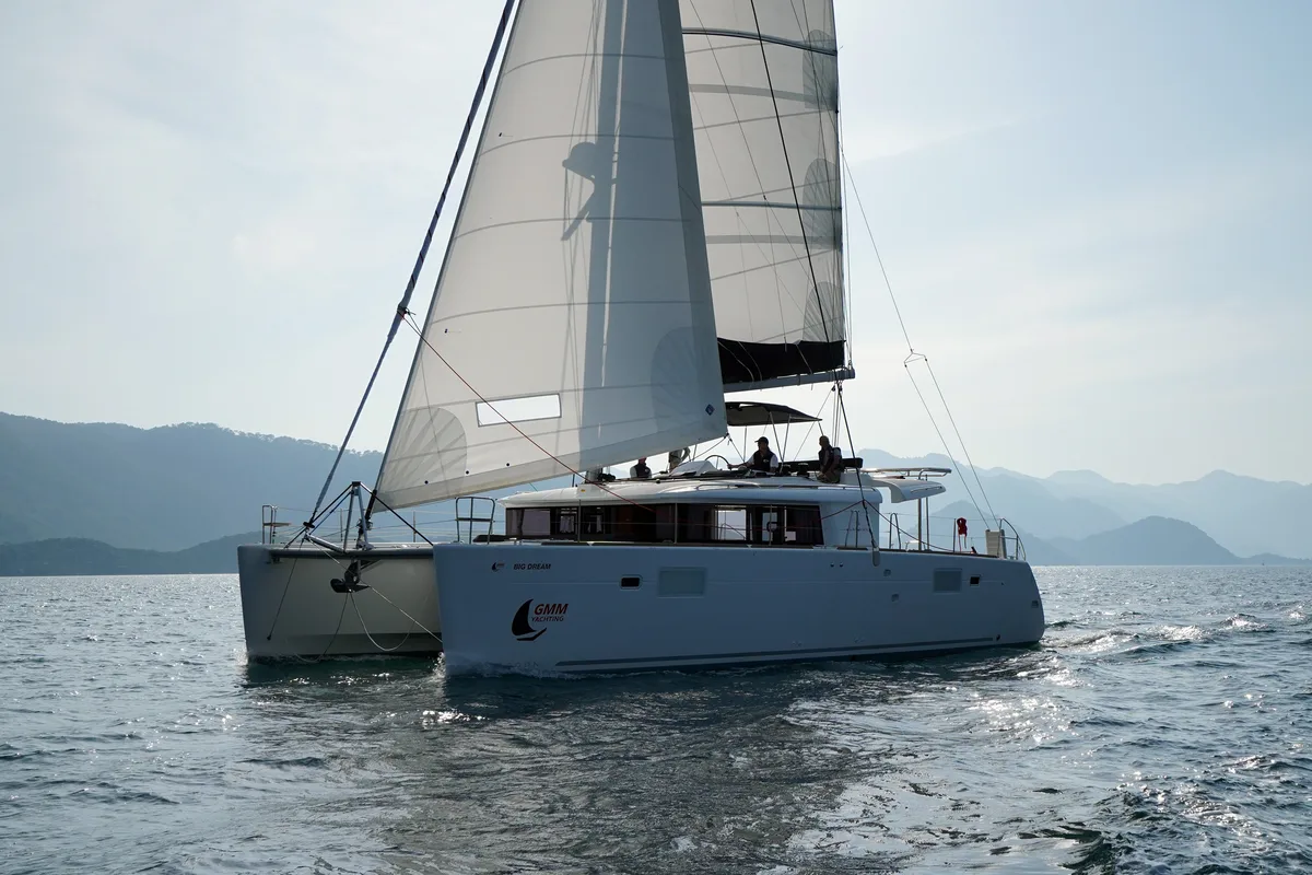 Exterior view of Big Dream, a Lagoon 450 Fly catamaran at Marmaris, Turkey