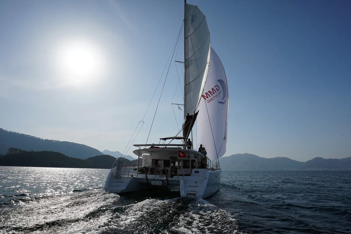 Exterior view of Big Dream, a Lagoon 450 Fly catamaran at Marmaris, Turkey
