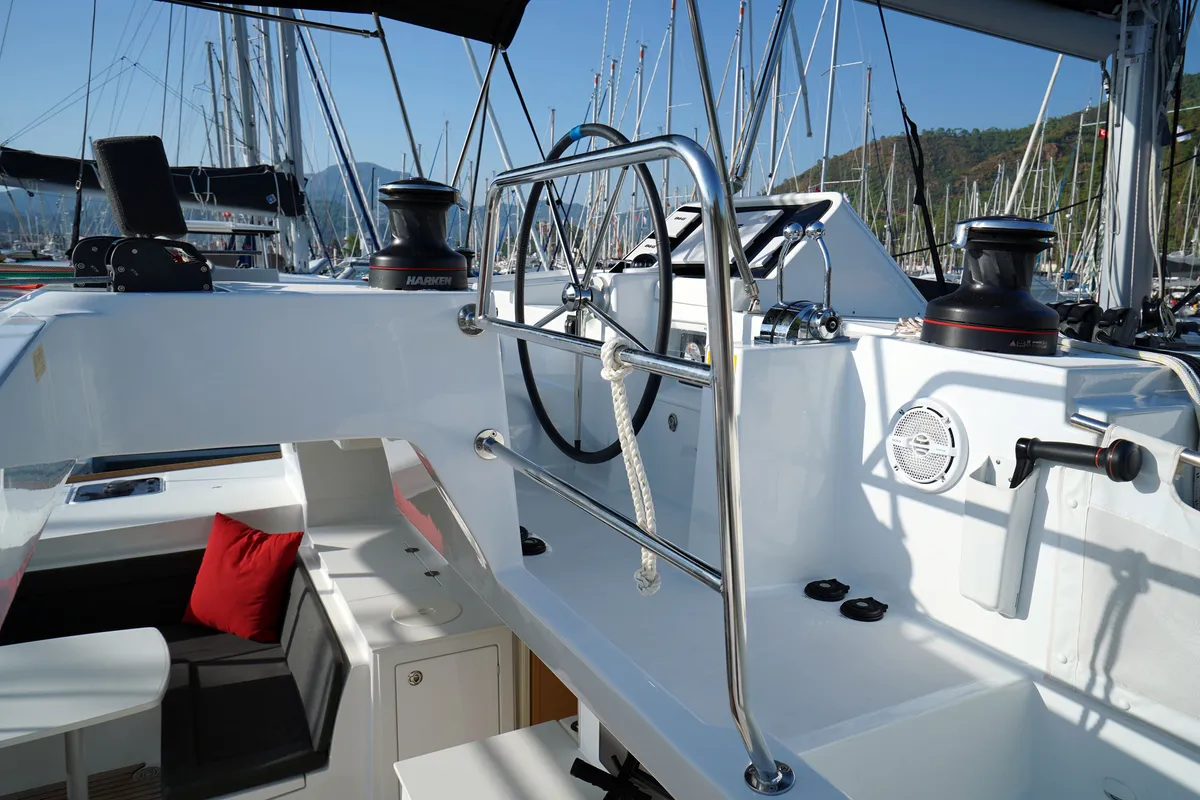Deck of Big Dream, a Lagoon 450 Fly catamaran at Marmaris, Turkey