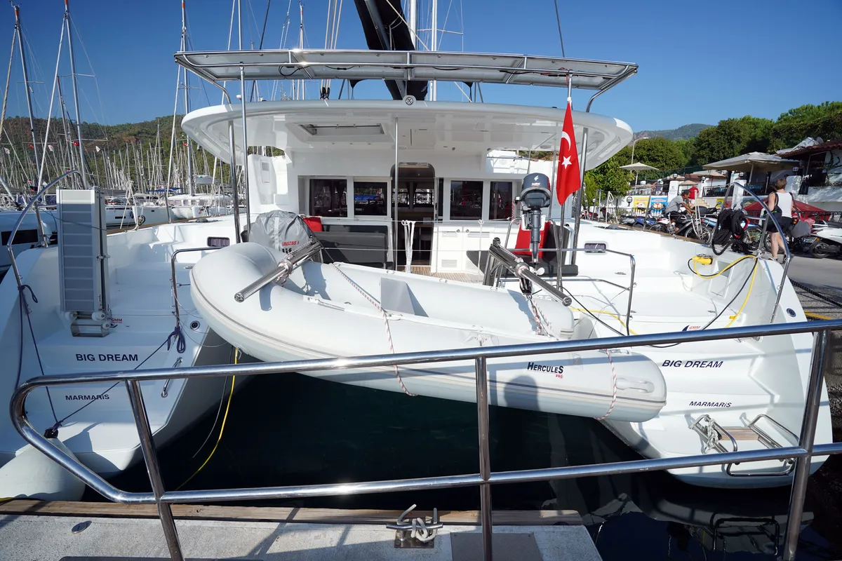 Deck of Big Dream, a Lagoon 450 Fly catamaran at Marmaris, Turkey
