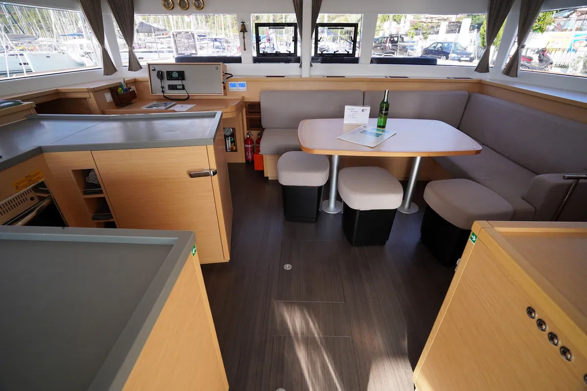 Salon of Big Dream, a Lagoon 450 Fly catamaran at Marmaris, Turkey