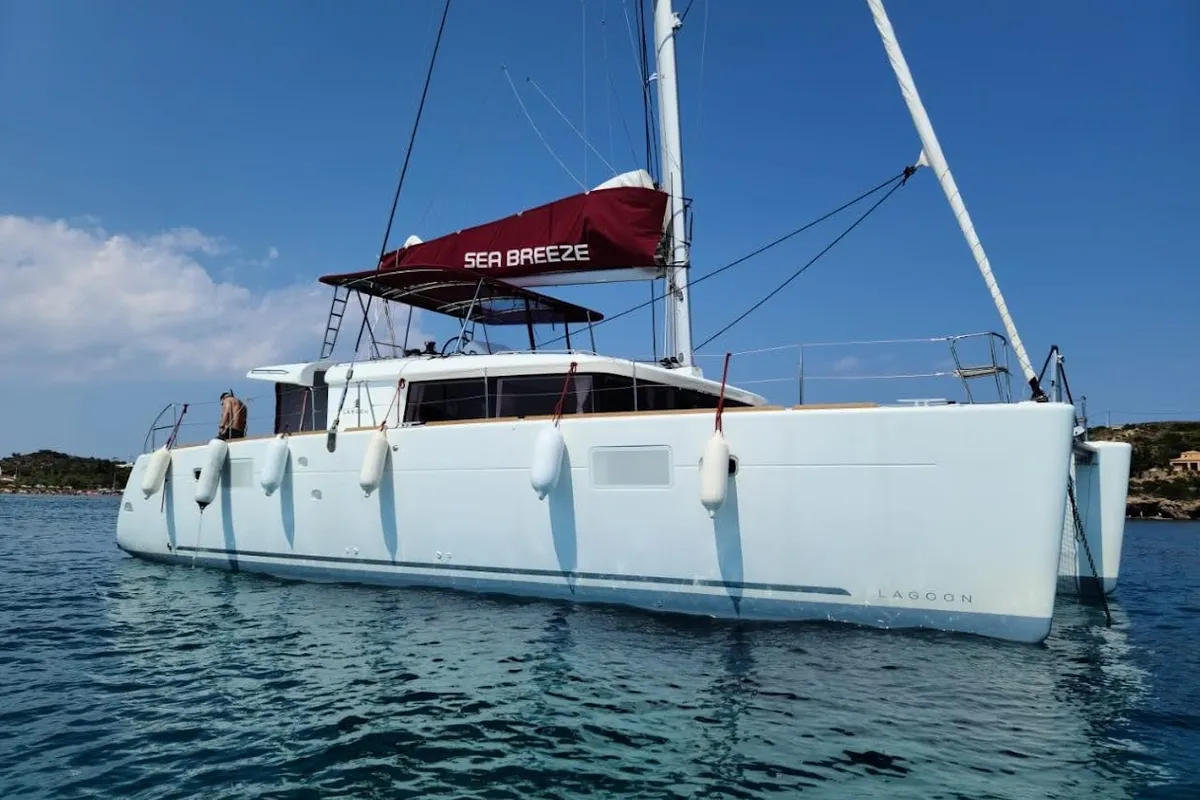 Exterior view of Sea Breeze, a Lagoon 450 Fly catamaran at Kos, Greece
