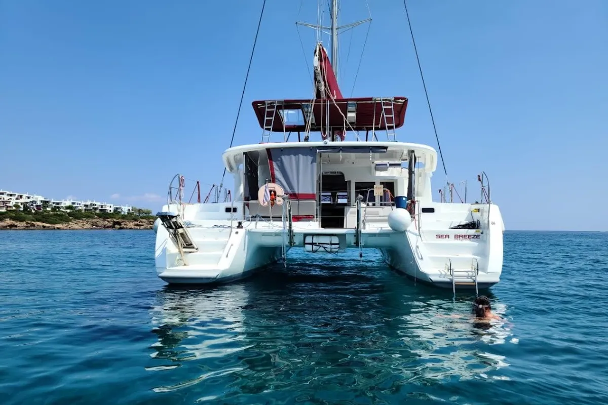 Exterior view of Sea Breeze, a Lagoon 450 Fly catamaran at Kos, Greece