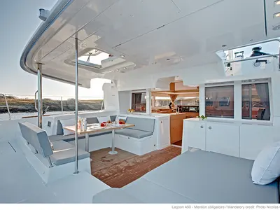 Deck of Sea Breeze, a Lagoon 450 Fly catamaran at Kos, Greece