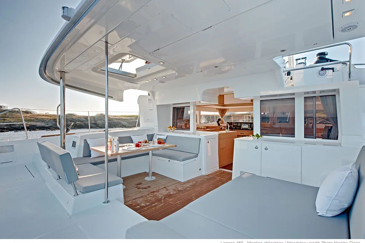 Deck of Sea Breeze, a Lagoon 450 Fly catamaran at Kos, Greece