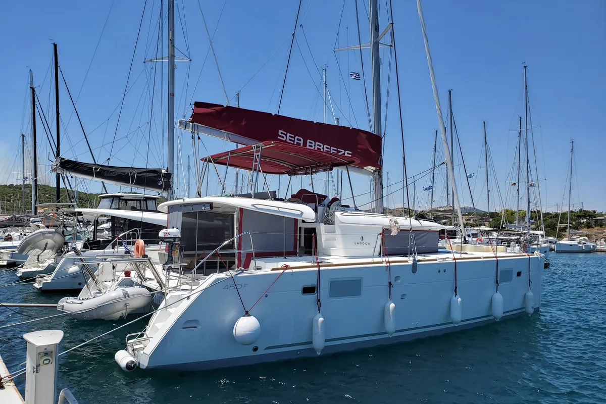 Exterior view of Sea Breeze, a Lagoon 450 Fly catamaran at Kos, Greece