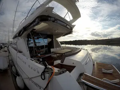 Deck of Jana, a Prestige 620 S motor yacht at Grad Šibenik, Croatia