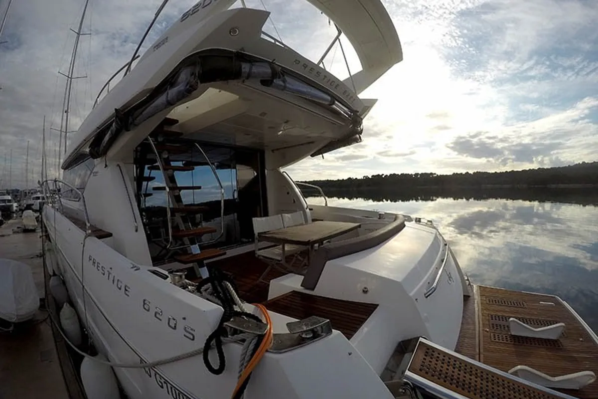 Deck of Jana, a Prestige 620 S motor yacht at Grad Šibenik, Croatia