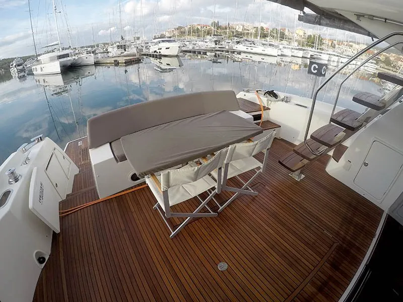 Deck of Jana, a Prestige 620 S motor yacht at Grad Šibenik, Croatia