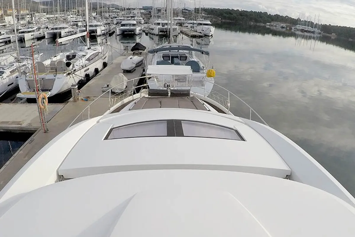 Deck of Jana, a Prestige 620 S motor yacht at Grad Šibenik, Croatia