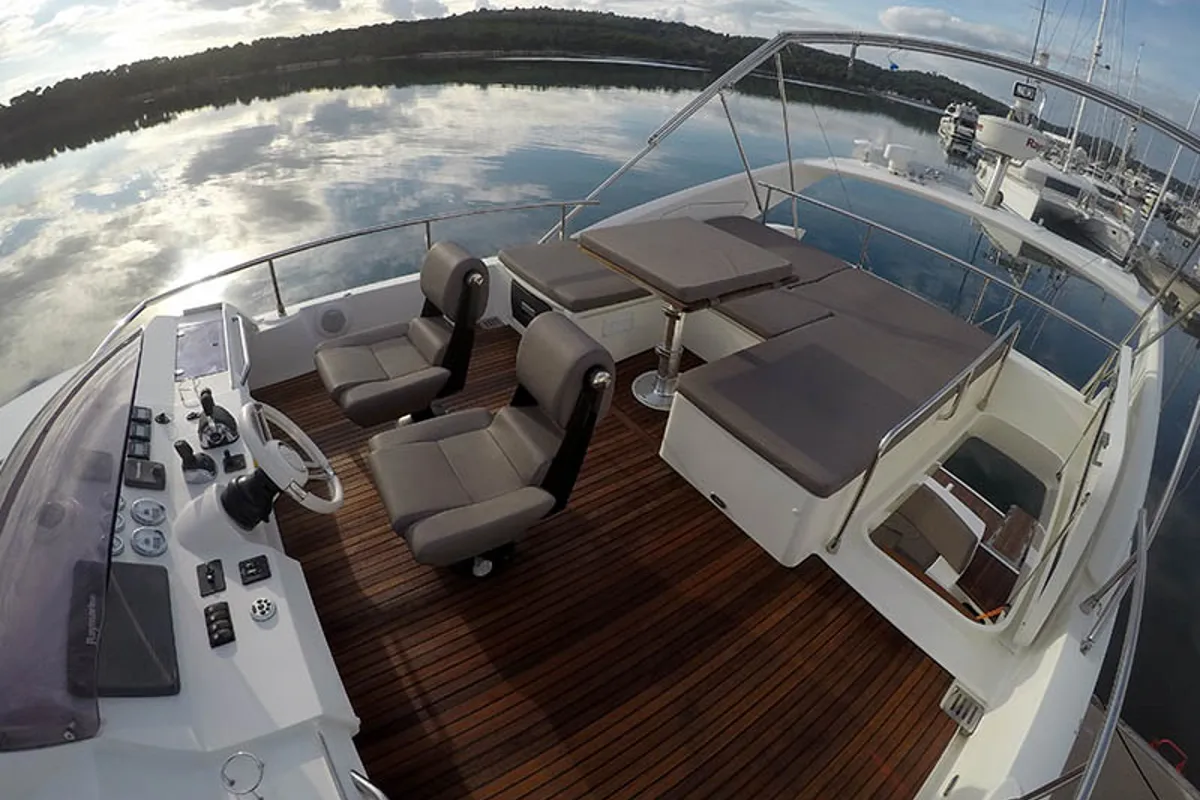 Deck of Jana, a Prestige 620 S motor yacht at Grad Šibenik, Croatia