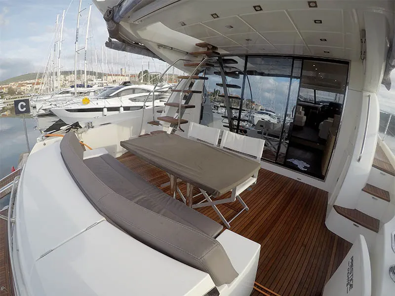 Deck of Jana, a Prestige 620 S motor yacht at Grad Šibenik, Croatia