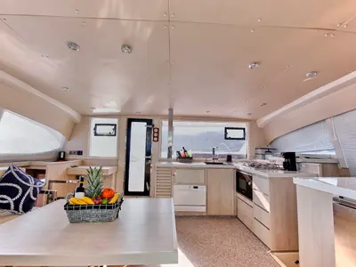 Galley of Deria, a Leopard 40 catamaran at Tivat, Montenegro
