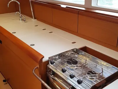 Galley of FIESTA, a Jeanneau Sun Odyssey 519 sailboat at Municipal Unit of Lefkada, Greece