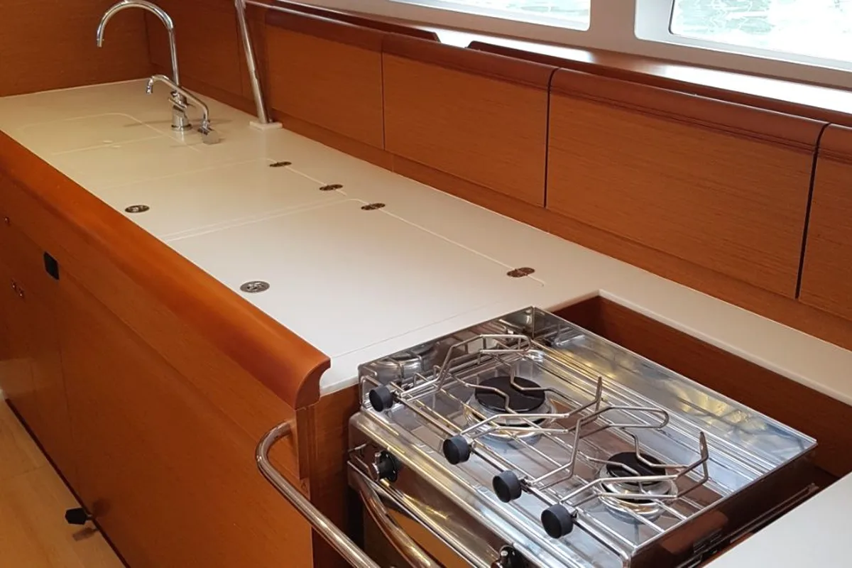 Galley of FIESTA, a Jeanneau Sun Odyssey 519 sailboat at Municipal Unit of Lefkada, Greece