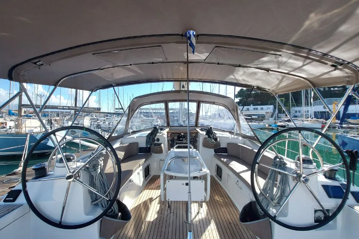 Cockpit of FIESTA, a Jeanneau Sun Odyssey 519 sailboat at Municipal Unit of Lefkada, Greece