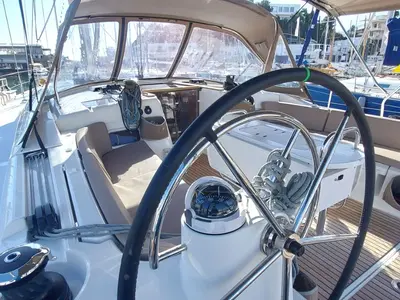 Cockpit of FIESTA, a Jeanneau Sun Odyssey 519 sailboat at Municipal Unit of Lefkada, Greece