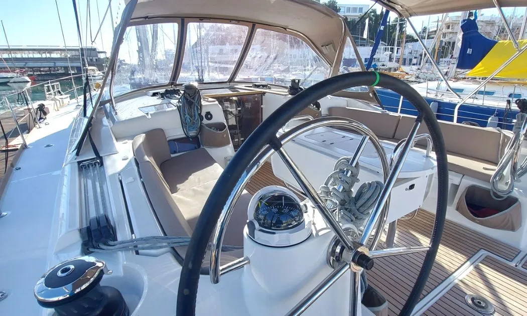 Cockpit of FIESTA, a Jeanneau Sun Odyssey 519 sailboat at Municipal Unit of Lefkada, Greece
