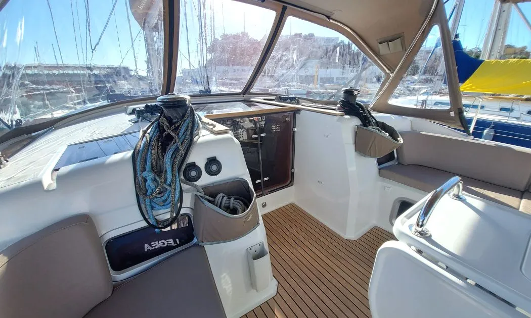 Cockpit of FIESTA, a Jeanneau Sun Odyssey 519 sailboat at Municipal Unit of Lefkada, Greece