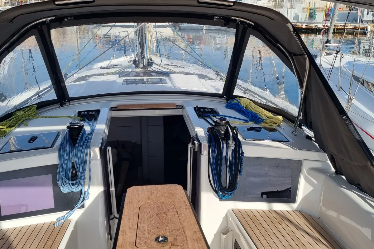 Cockpit of Gassillage, a Dufour 41 sailboat at Vallauris, France