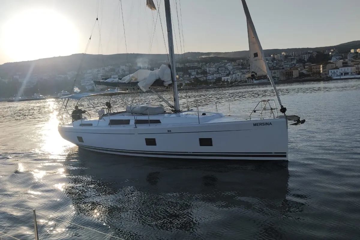Exterior view of Mersina, a Hanse 418 sailboat at Municipal Unit of Lefkada, Greece