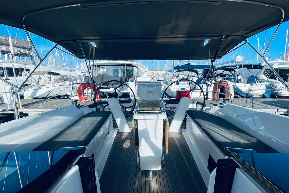 Cockpit of Mersina, a Hanse 418 sailboat at Municipal Unit of Lefkada, Greece