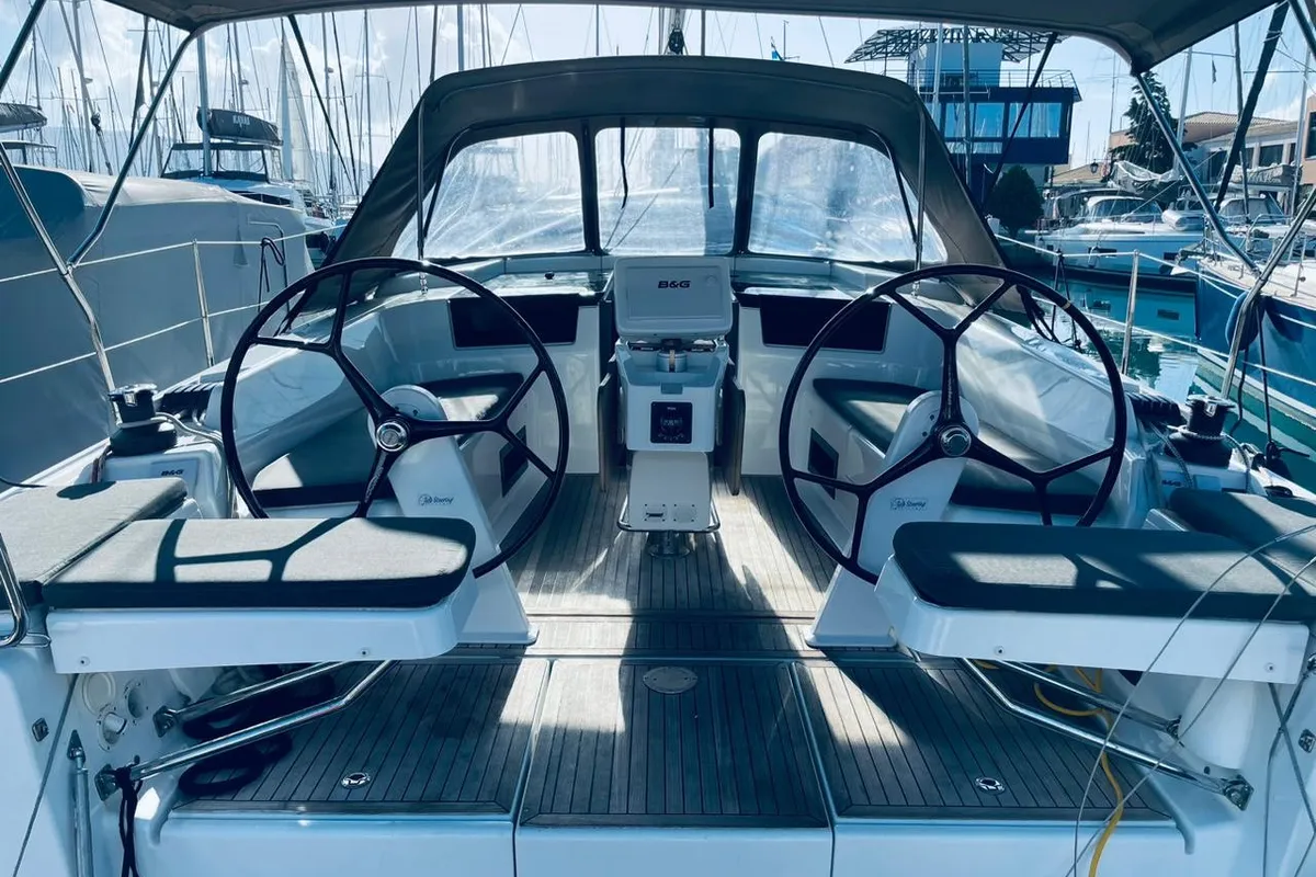 Cockpit of Mersina, a Hanse 418 sailboat at Municipal Unit of Lefkada, Greece