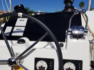 Cockpit of Senza Tempo, a Lagoon 400 S2 catamaran at Tonnarella, Italy