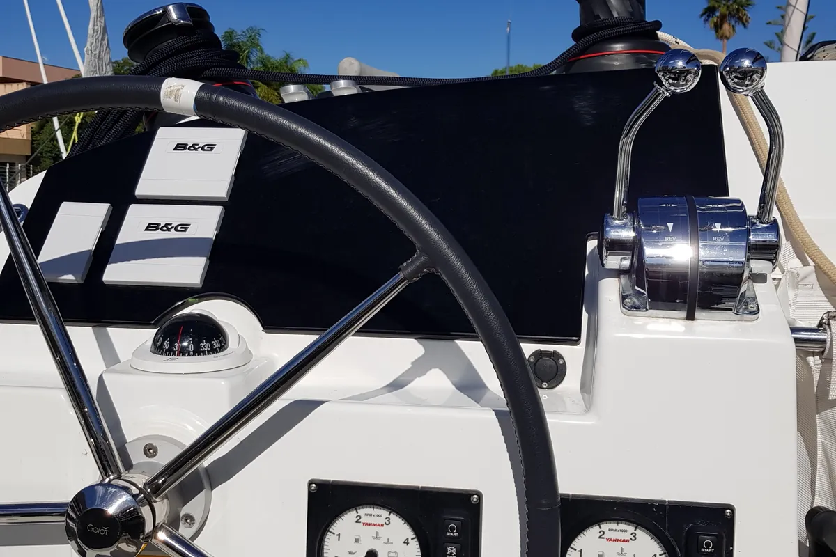 Cockpit of Senza Tempo, a Lagoon 400 S2 catamaran at Tonnarella, Italy
